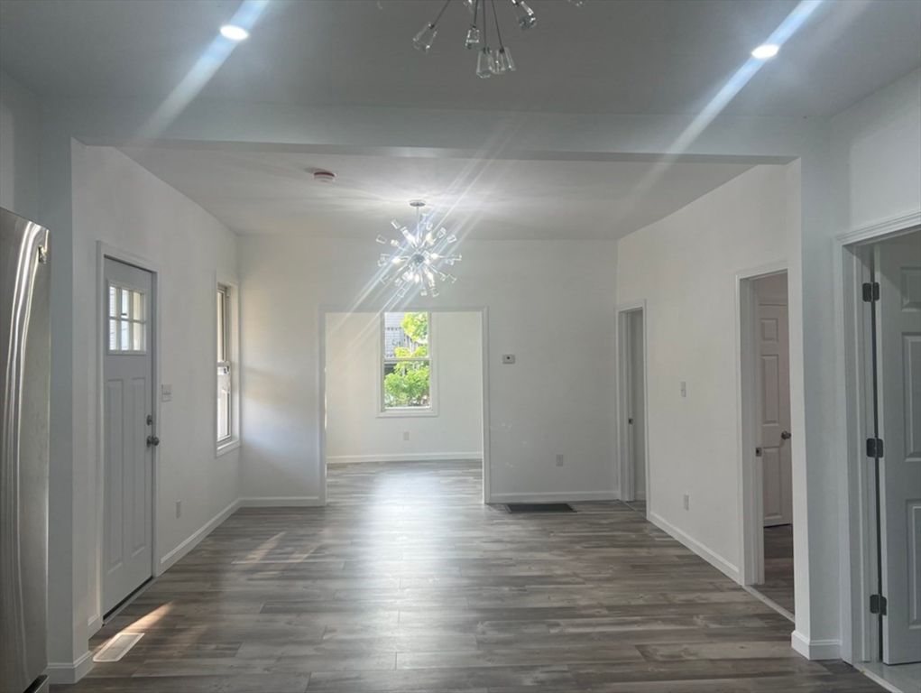 Empty room, Interior, Pendant Lights, Recessed Lighting, Wood Texture Flooring