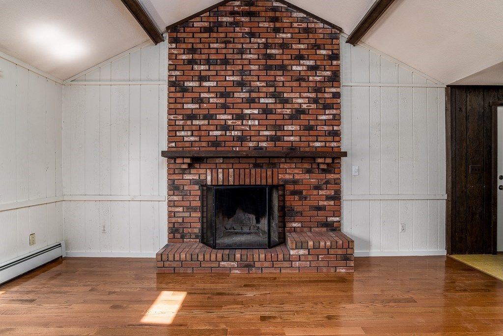Empty room, Fireplace, Interior, Stone Walls, Wood Texture Flooring