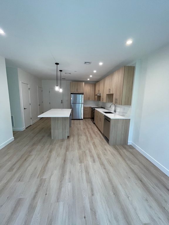 Interior, Kitchen, Pendant Lights, Recessed Lighting, Stainless Steel Appliances, Wood Texture Flooring