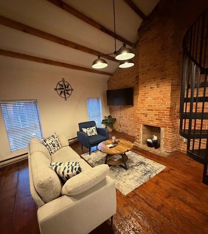 Fireplace, Interior, Living room, Pendant Lights, Stone Walls, Wood Texture Flooring