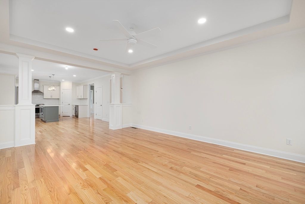 Empty room, Interior, Kitchen, Pendant Lights, Recessed Lighting, Wood Texture Flooring