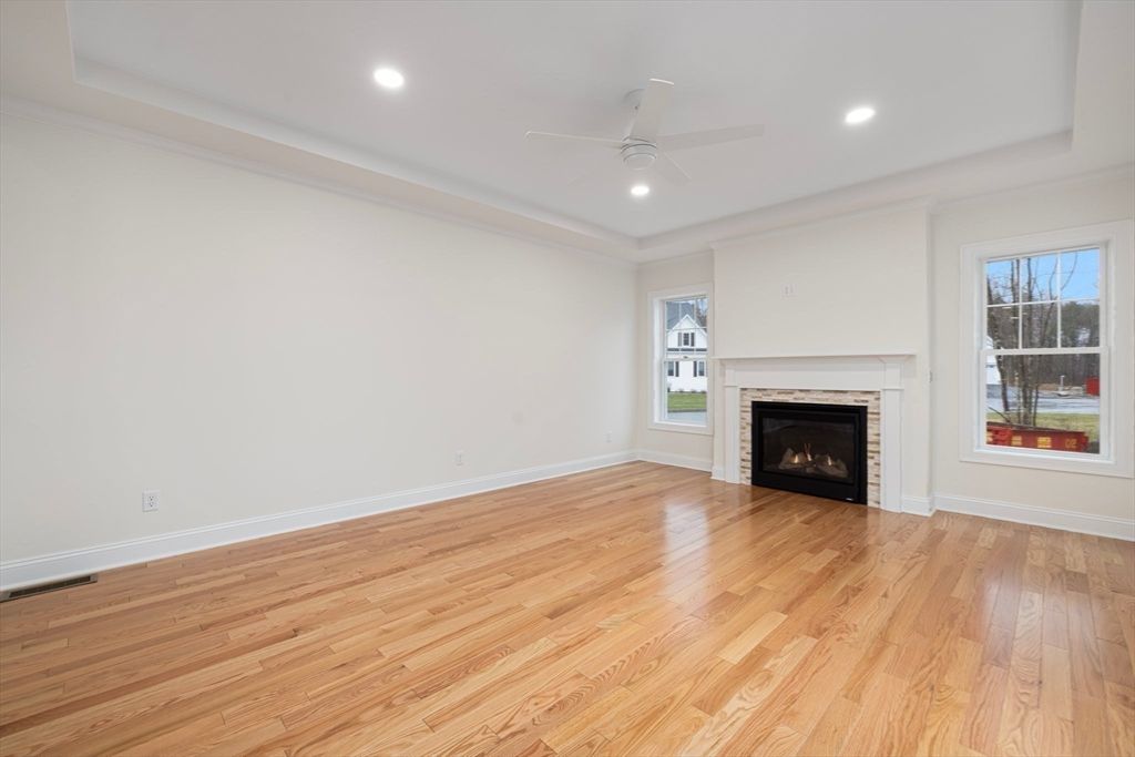Empty room, Fireplace, Interior, Recessed Lighting, Wood Texture Flooring