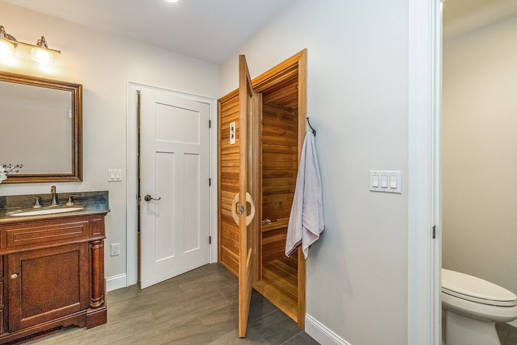 Bathroom, Interior, Recessed Lighting, Wood Texture Flooring, Wooden Walls