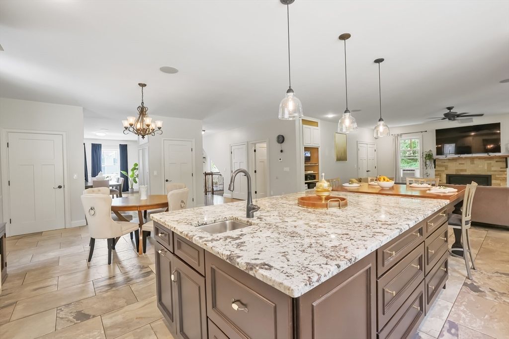 Chandelier, Dining room, Fireplace, Interior, Kitchen, Pendant Lights, Recessed Lighting