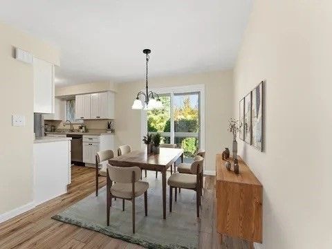 Dining room, Interior, Kitchen, Pendant Lights, Wood Texture Flooring