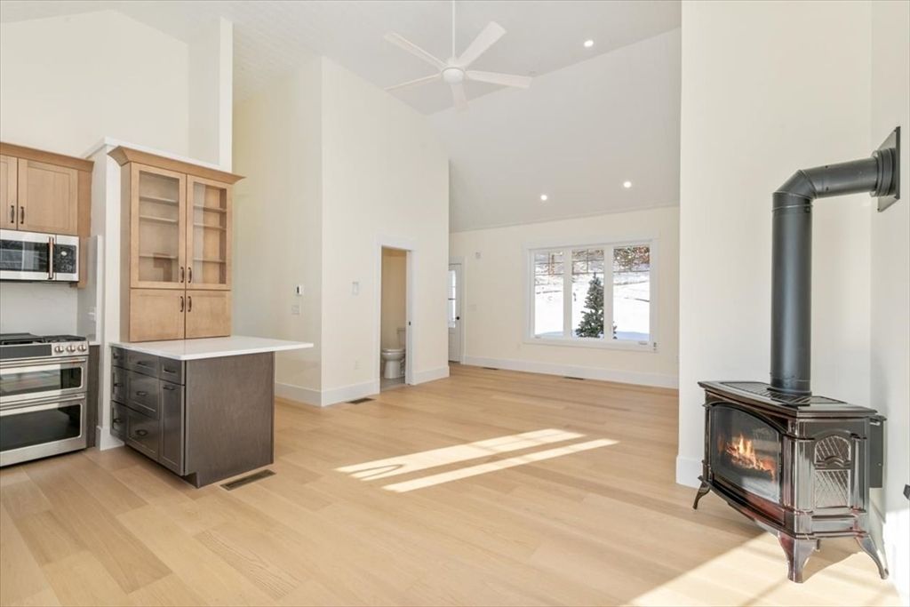 Fireplace, Interior, Kitchen, Recessed Lighting, Stainless Steel Appliances, Wood Texture Flooring