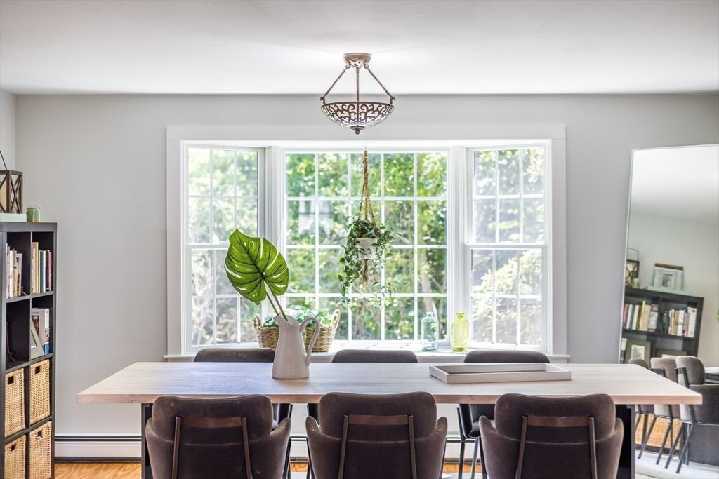 Dining room, Interior, Pendant Lights, Wood Texture Flooring