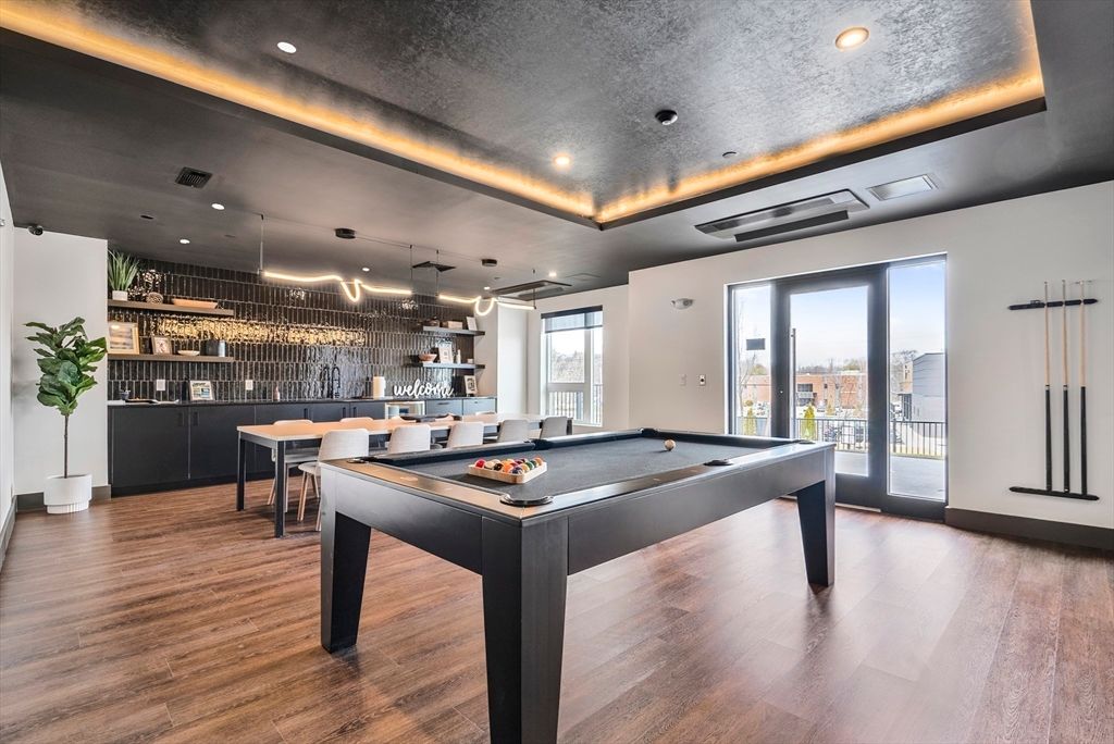 Billiard Table, Game Room, Interior, Pendant Lights, Recessed Lighting, Wood Texture Flooring