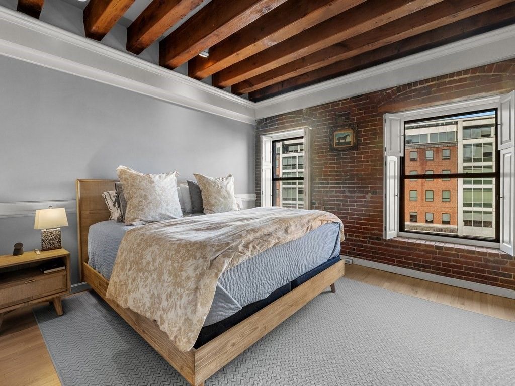 Bedroom, Interior, Stone Walls, Wooden Beams, Wood Texture Flooring