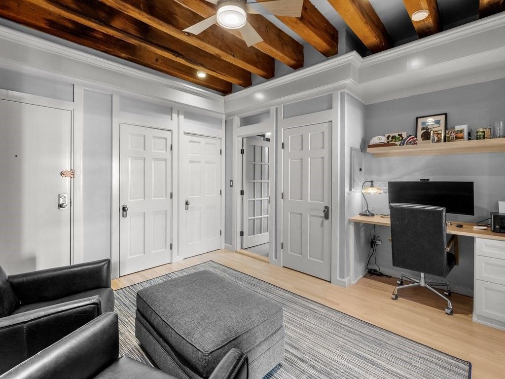 Home Office, Interior, Recessed Lighting, Wooden Beams, Wood Texture Flooring