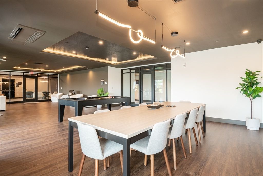 Billiard Table, Dining room, Game Room, Interior, Pendant Lights, Recessed Lighting, Wood Texture Flooring