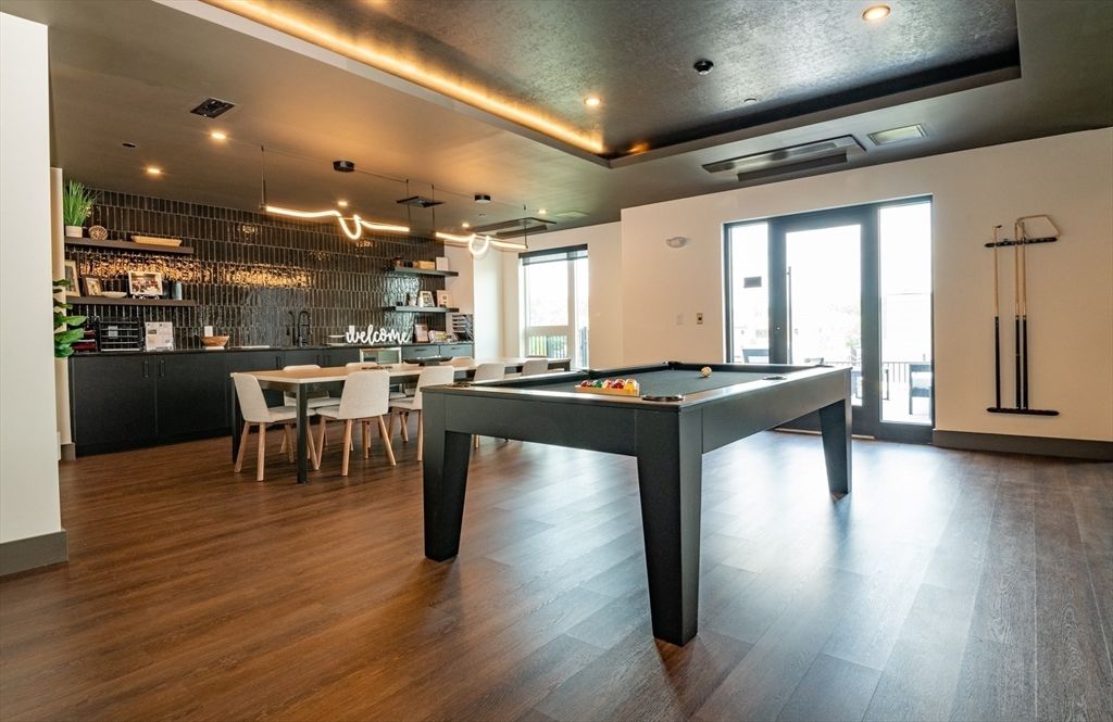 Billiard Table, Dining room, Game Room, Interior, Pendant Lights, Recessed Lighting, Wood Texture Flooring