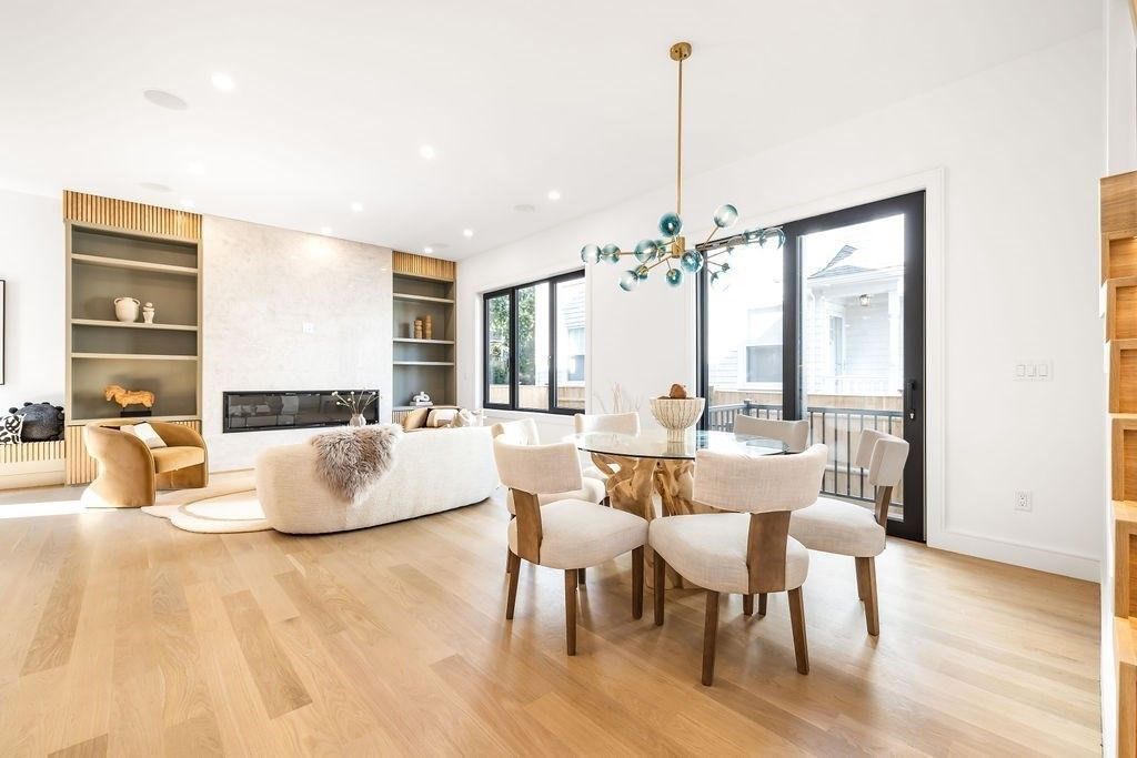 Dining room, Fireplace, Interior, Living room, Pendant Lights, Recessed Lighting, Wood Texture Flooring