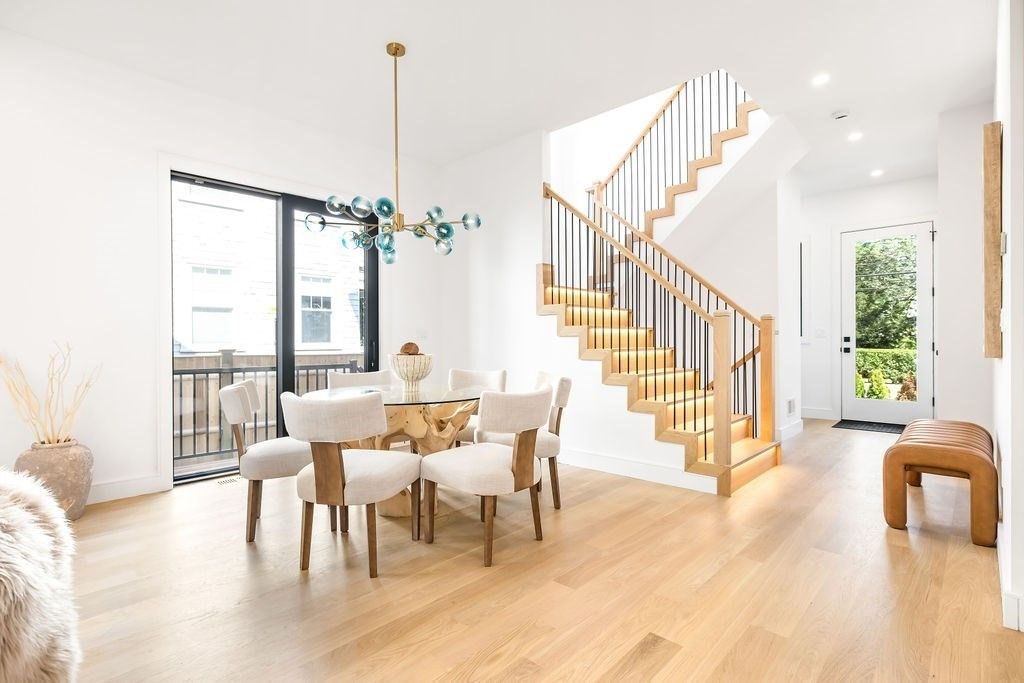 Dining room, Interior, Pendant Lights, Recessed Lighting, Wood Texture Flooring