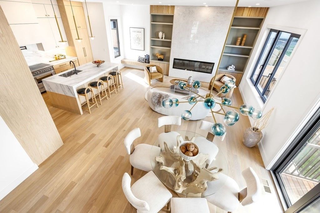 Dining room, Fireplace, Interior, Kitchen, Living room, Pendant Lights, Recessed Lighting, Wood Texture Flooring