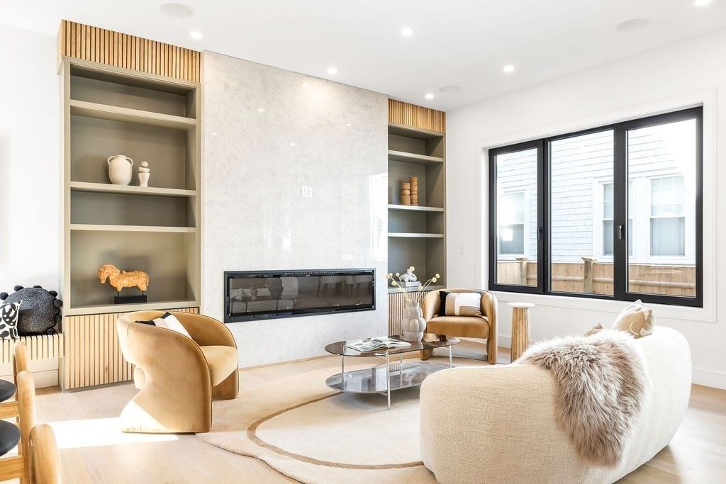 Fireplace, Interior, Living room, Recessed Lighting, Wood Texture Flooring