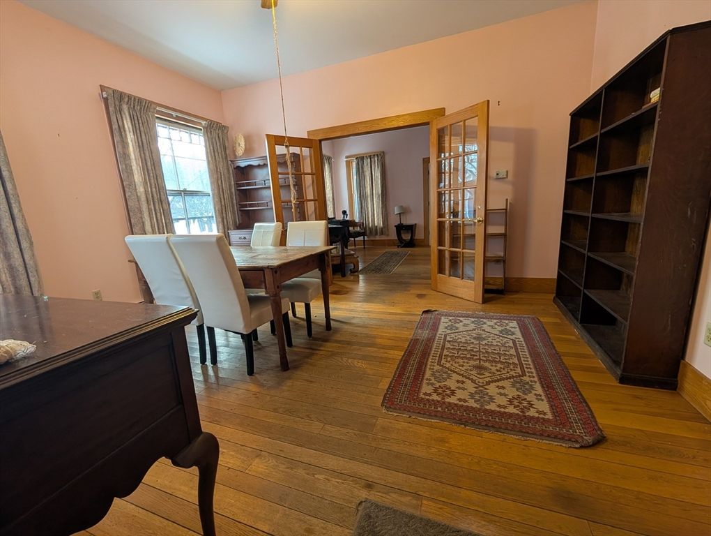 Dining room, Interior, Pendant Lights, Wood Texture Flooring