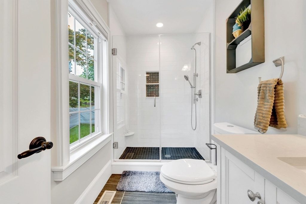 Bathroom, Glass Shower, Interior, Recessed Lighting, Wood Texture Flooring