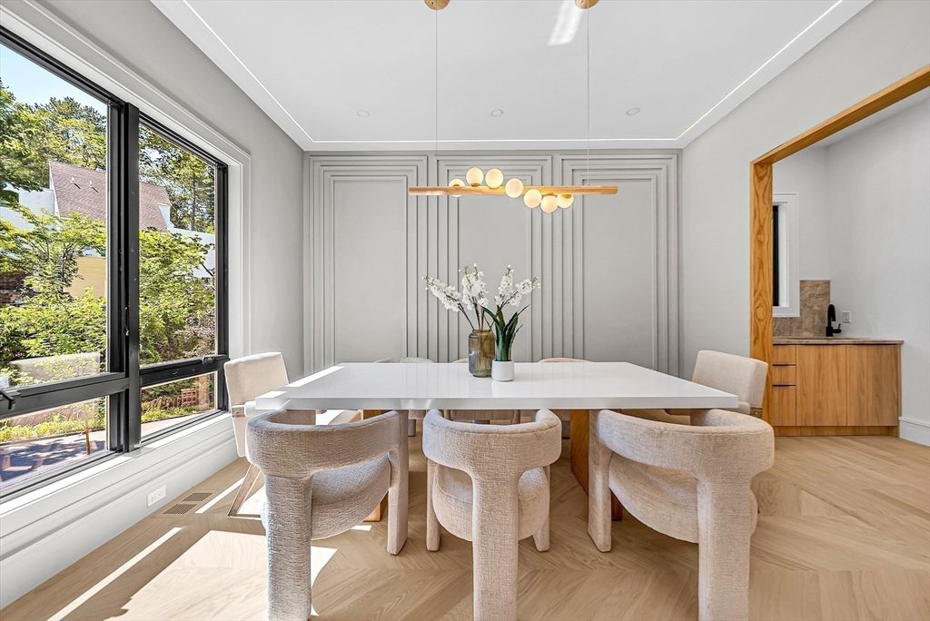 Dining room, Interior, Pendant Lights, Wood Texture Flooring