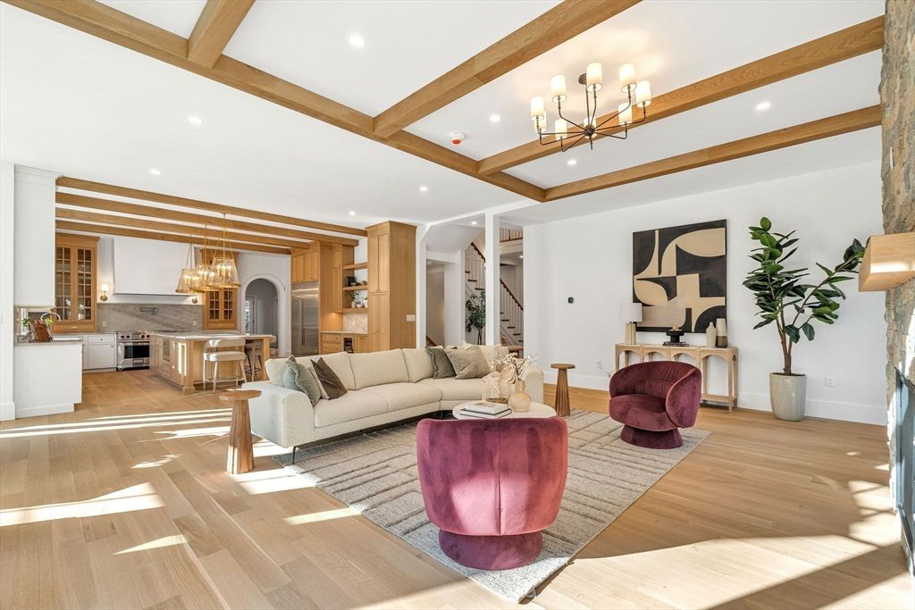 Chandelier, Interior, Kitchen, Living room, Pendant Lights, Recessed Lighting, Stainless Steel Appliances, Wooden Beams, Wood Texture Flooring