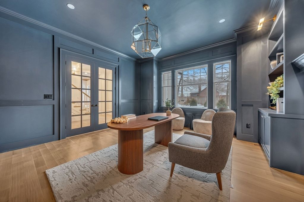 Chandelier, Home Office, Interior, Pendant Lights, Recessed Lighting, Wood Texture Flooring
