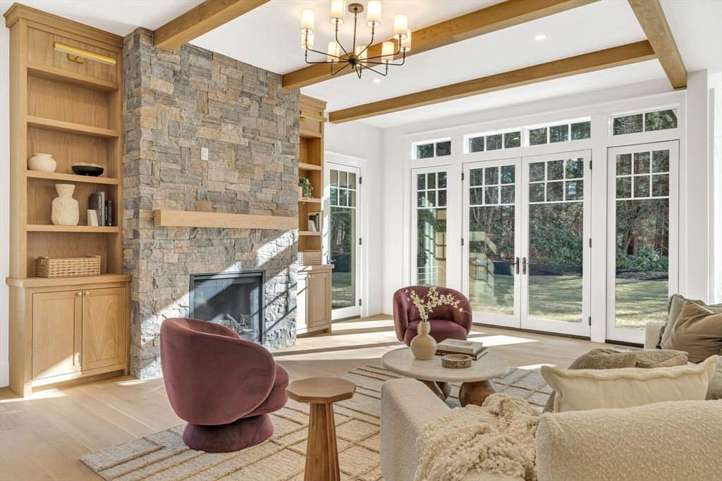 Chandelier, Fireplace, Interior, Living room, Recessed Lighting, Stone Walls, Wooden Beams, Wood Texture Flooring