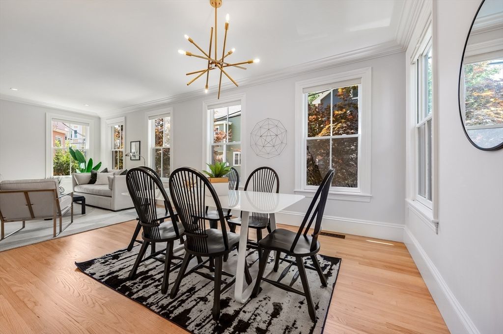 Dining room, Interior, Pendant Lights, Recessed Lighting, Wood Texture Flooring