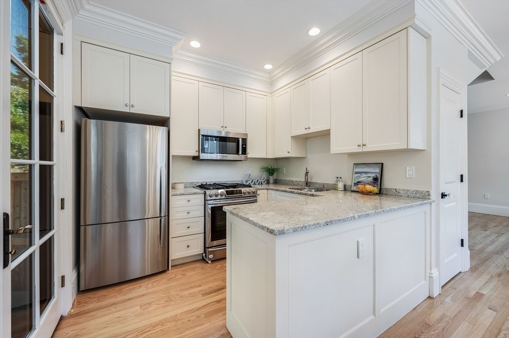 Interior, Kitchen, Recessed Lighting, Stainless Steel Appliances, Wood Texture Flooring