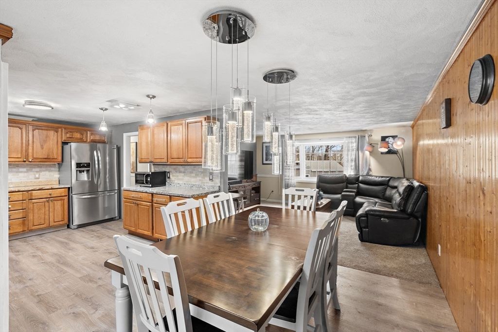 Dining room, Interior, Kitchen, Living room, Pendant Lights, Stainless Steel Appliances, Wood Texture Flooring