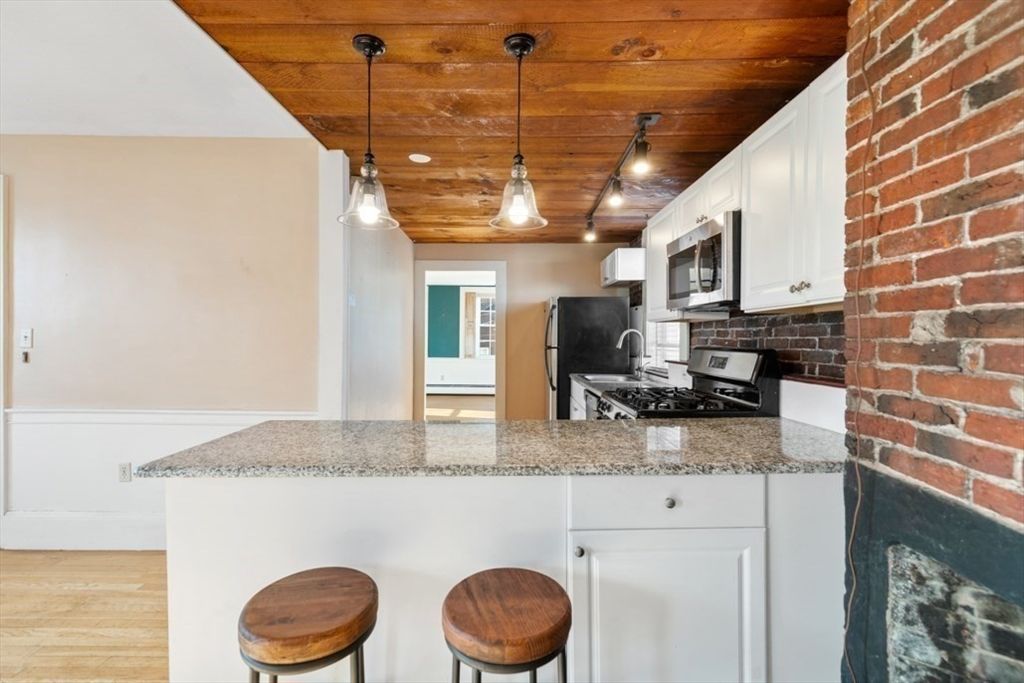 Interior, Kitchen, Pendant Lights, Stainless Steel Appliances, Stone Walls, Wooden Ceilings, Wood Texture Flooring