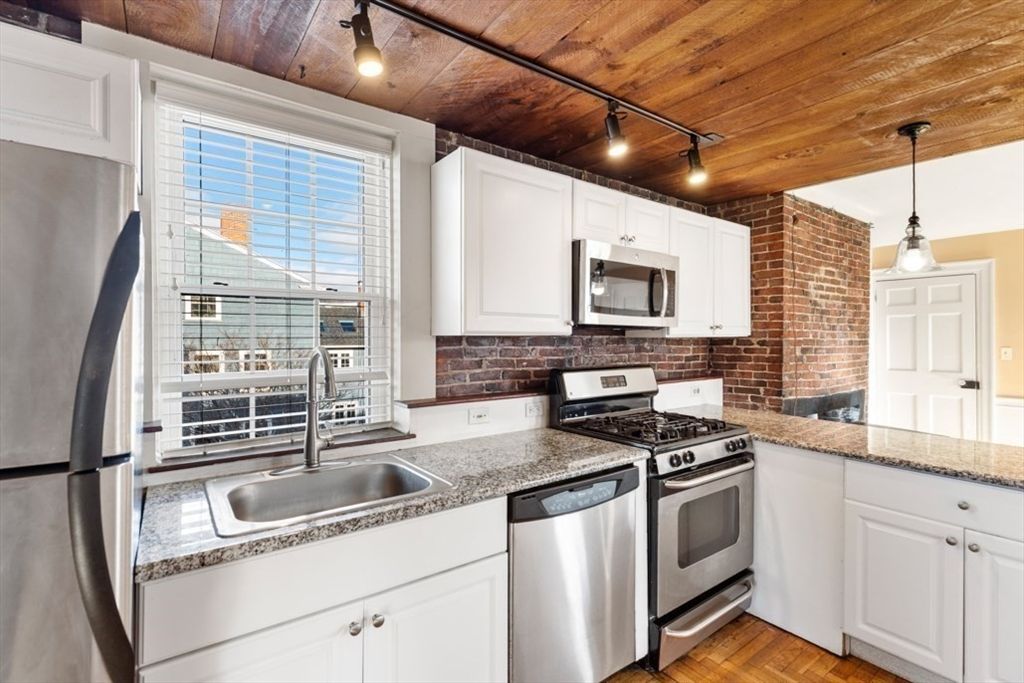 Interior, Kitchen, Pendant Lights, Stainless Steel Appliances, Stone Walls, Wooden Ceilings, Wood Texture Flooring