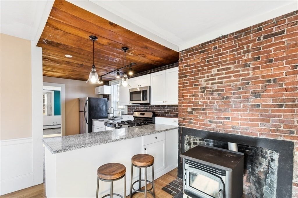 Interior, Kitchen, Pendant Lights, Recessed Lighting, Stainless Steel Appliances, Stone Walls, Wooden Ceilings, Wood Texture Flooring