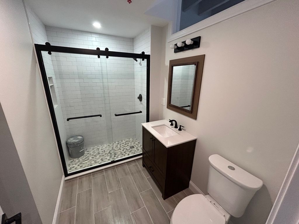 Bathroom, Glass Shower, Interior, Recessed Lighting, Wood Texture Flooring