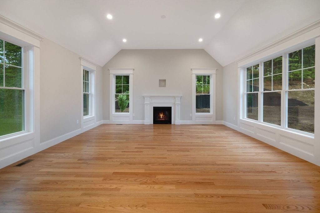 Empty room, Fireplace, Interior, Recessed Lighting, Wood Texture Flooring
