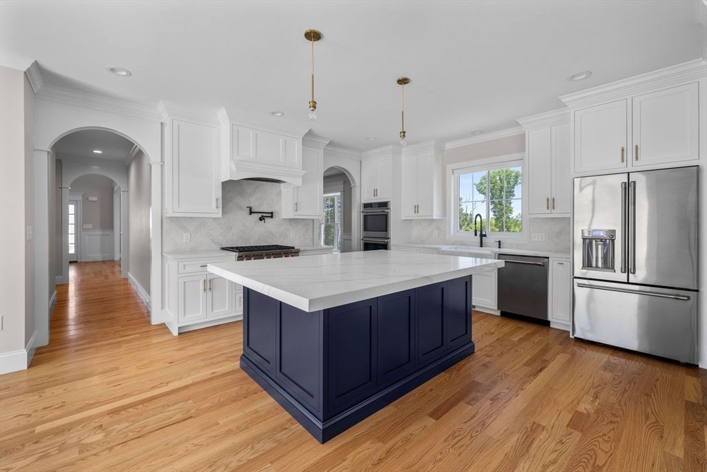 Interior, Kitchen, Pendant Lights, Recessed Lighting, Stainless Steel Appliances, Wood Texture Flooring