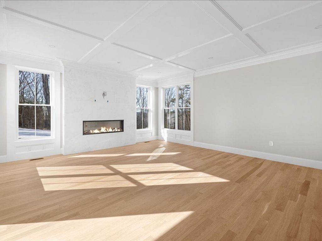 Empty room, Fireplace, Interior, Recessed Lighting, Wood Texture Flooring