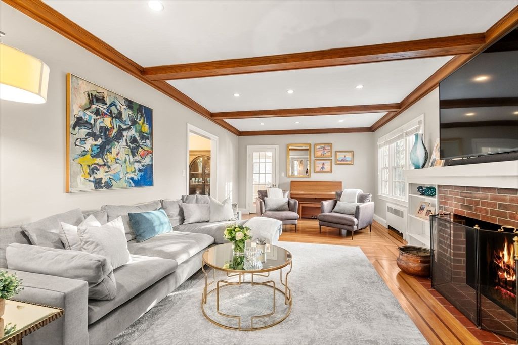 Fireplace, Interior, Living room, Piano, Recessed Lighting, Stone Walls, Wooden Beams, Wood Texture Flooring