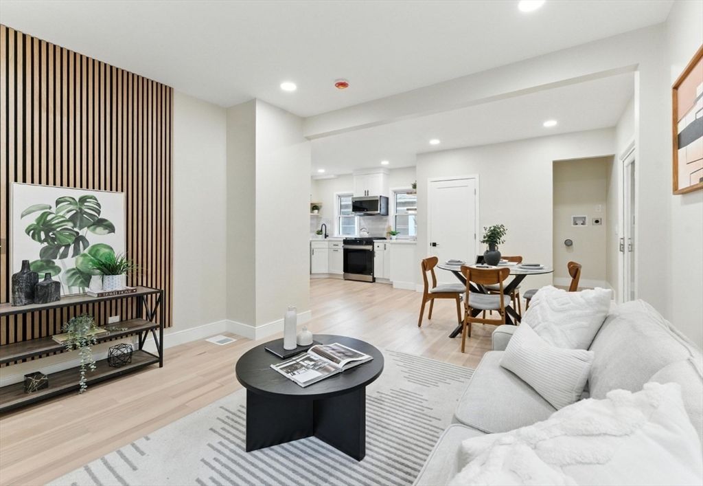 Dining room, Interior, Kitchen, Living room, Recessed Lighting, Stainless Steel Appliances, Wood Texture Flooring
