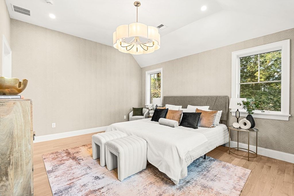 Bedroom, Chandelier, Interior, Pendant Lights, Recessed Lighting, Wood Texture Flooring