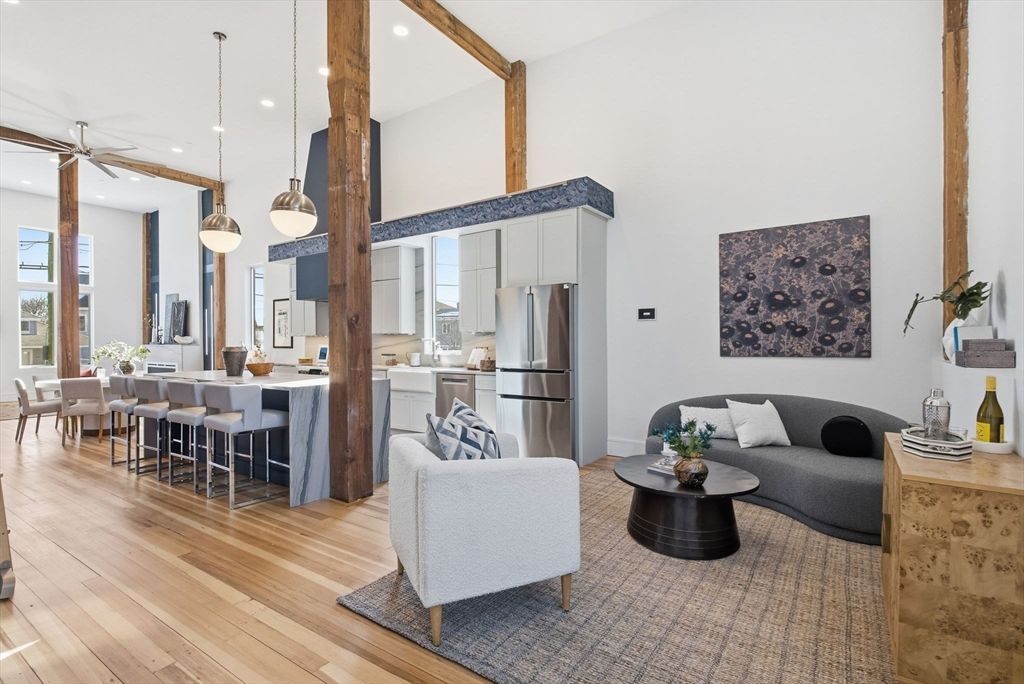 Dining room, Interior, Kitchen, Living room, Pendant Lights, Recessed Lighting, Stainless Steel Appliances, Wood Texture Flooring