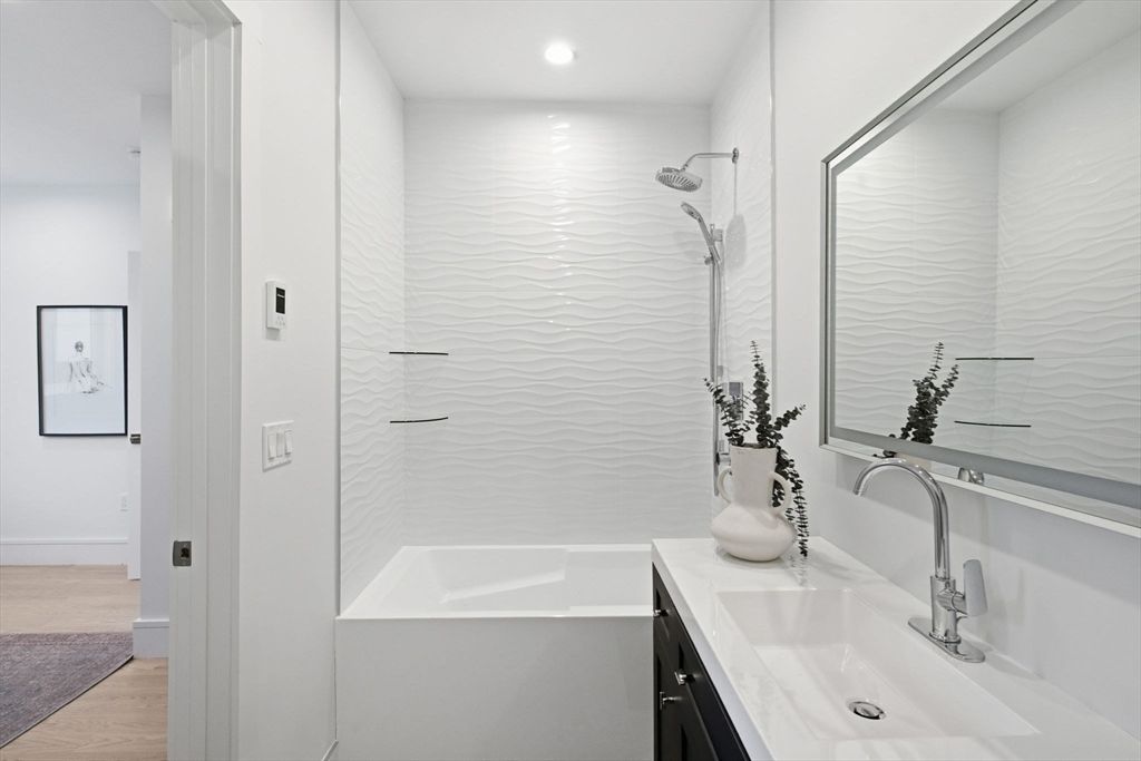 Bathroom, Dual Sink Vanities, Interior, Recessed Lighting, Wood Texture Flooring