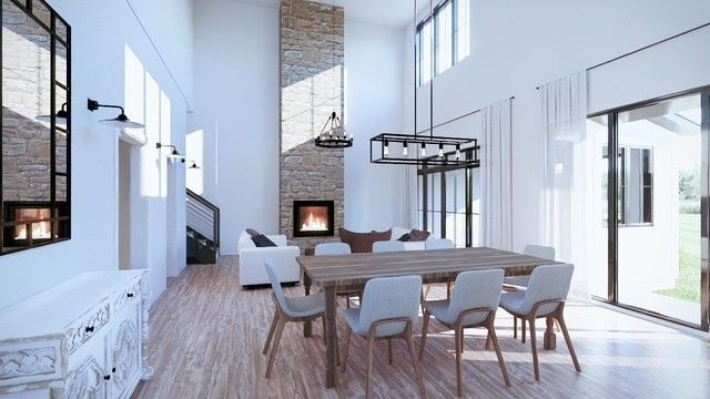 Chandelier, Dining room, Fireplace, Interior, Pendant Lights, Stone Walls, Wood Texture Flooring