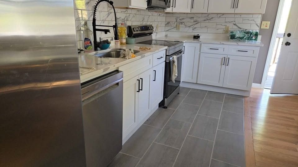 Interior, Kitchen, Marble Walls, Stainless Steel Appliances, Wood Texture Flooring