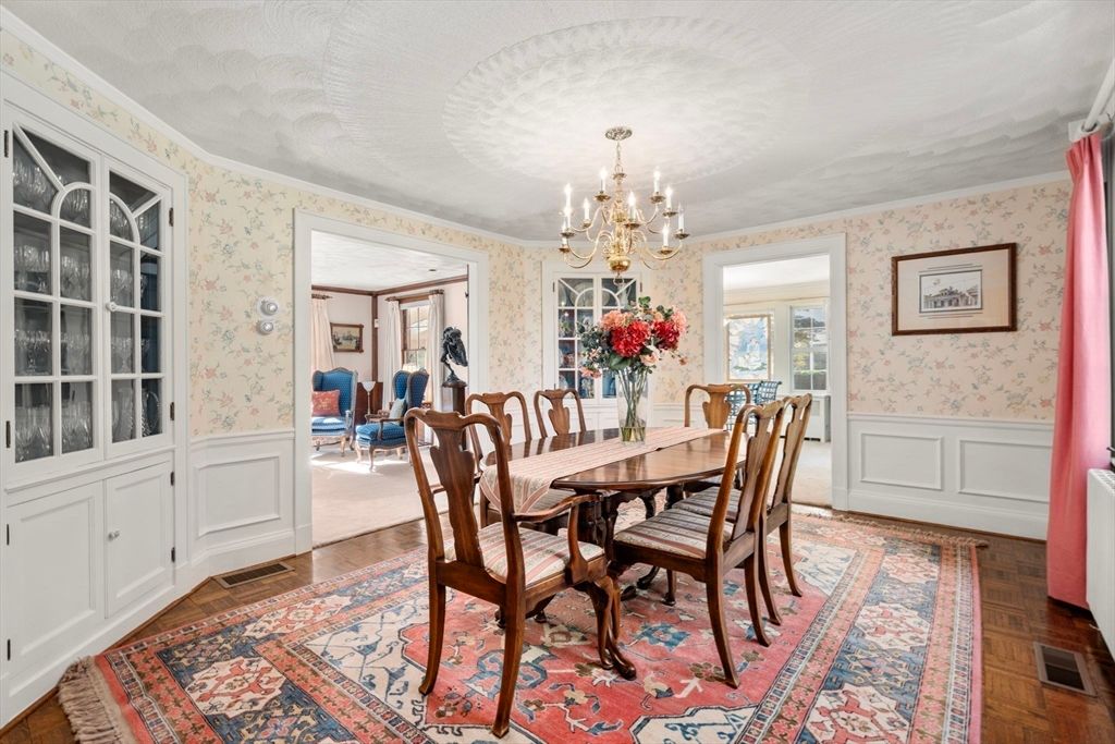Chandelier, Dining room, Interior, Wood Texture Flooring