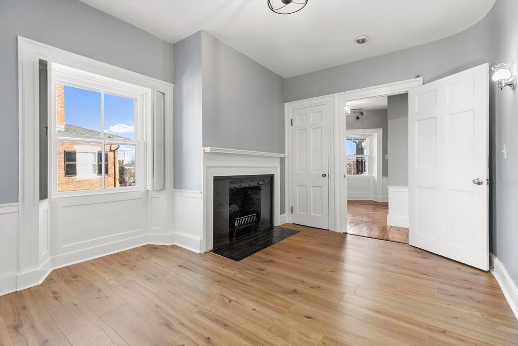 Empty room, Fireplace, Interior, Recessed Lighting, Wood Texture Flooring