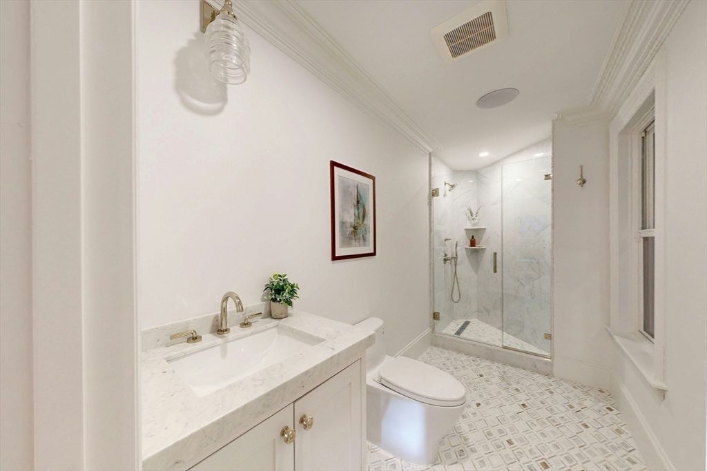 Bathroom, Glass Shower, Interior, Marble Walls, Recessed Lighting