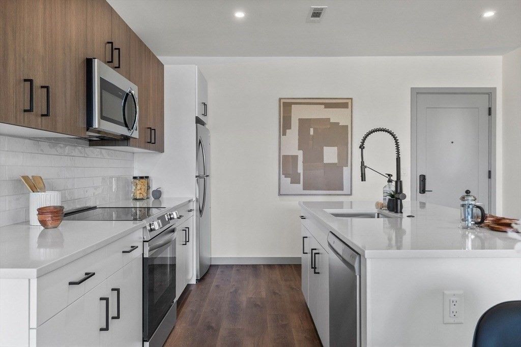 Interior, Kitchen, Recessed Lighting, Stainless Steel Appliances, Wood Texture Flooring