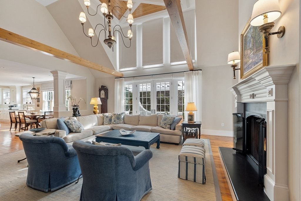 Chandelier, Dining room, Fireplace, Interior, Living room, Pendant Lights, Wooden Beams, Wood Texture Flooring