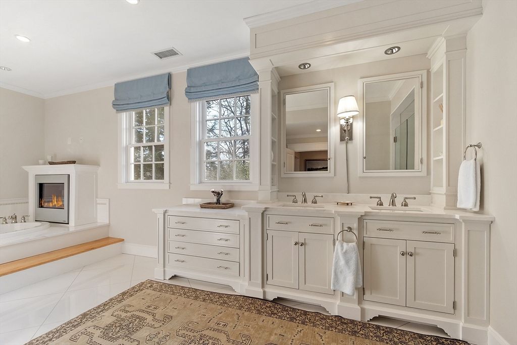 Bathroom, Dual Sink Vanities, Fireplace, Interior, Recessed Lighting