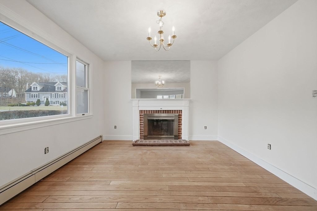 Chandelier, Empty room, Fireplace, Interior, Wood Texture Flooring